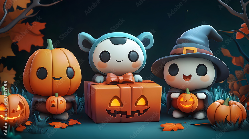Obraz premium A pastel color vector set of 3 Halloween characters in 3d clay design, a gift box in a Happy Halloween concept, adorable and festive, isolated on a dark background