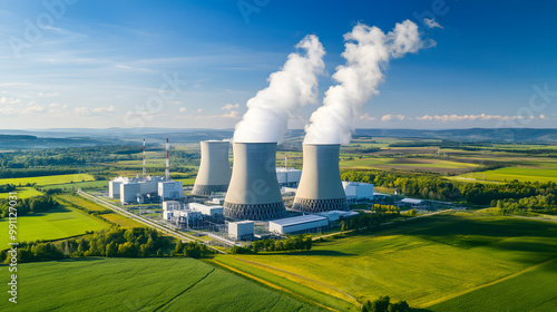 Aerial view of modern nuclear power plant with cooling towers emitting steam against clear blue sky, surrounded by lush green fields, symbolizing clean energy and environmental balance.