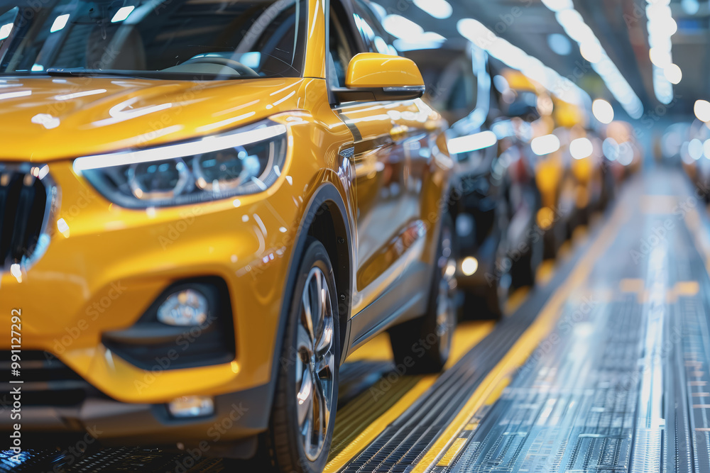 Mass production assembly line of modern cars in a busy factory. Mass production assembly line of modern cars in a busy factory.