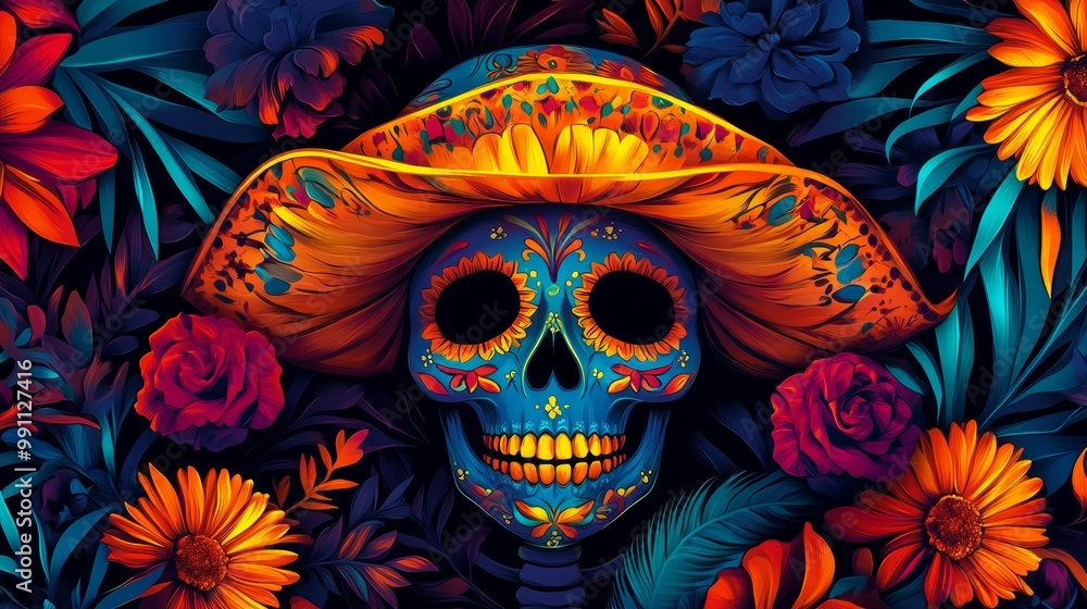 Festive Mexico's Day of the Dead Banner Vibrant Cultural Art suitable for business background, posters, wallpapers, banners, greeting cards, and Festive Mexico's Day of the Dead Banner Vibrant Cultural Art suitable for business background, posters, wallpapers, banners, greeting cards, and