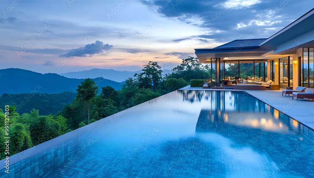 Fototapeta premium Modern infinity pool overlooking a stunning mountain landscape at sunset.