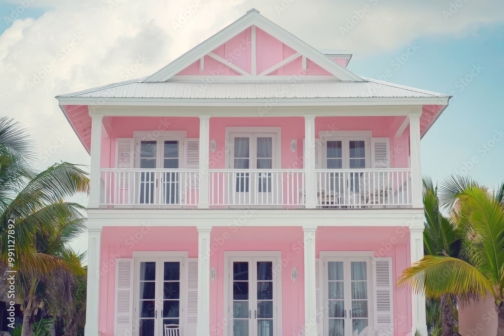 A wooden house tower with pastel pink architecture by a beach on a cloudy day in Seaside, Florida A wooden house tower with pastel pink architecture by a beach on a cloudy day in Seaside, Florida