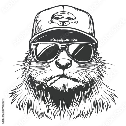 Logo, vector style, black and white, simple design of an angry beaver wearing sunglasses 