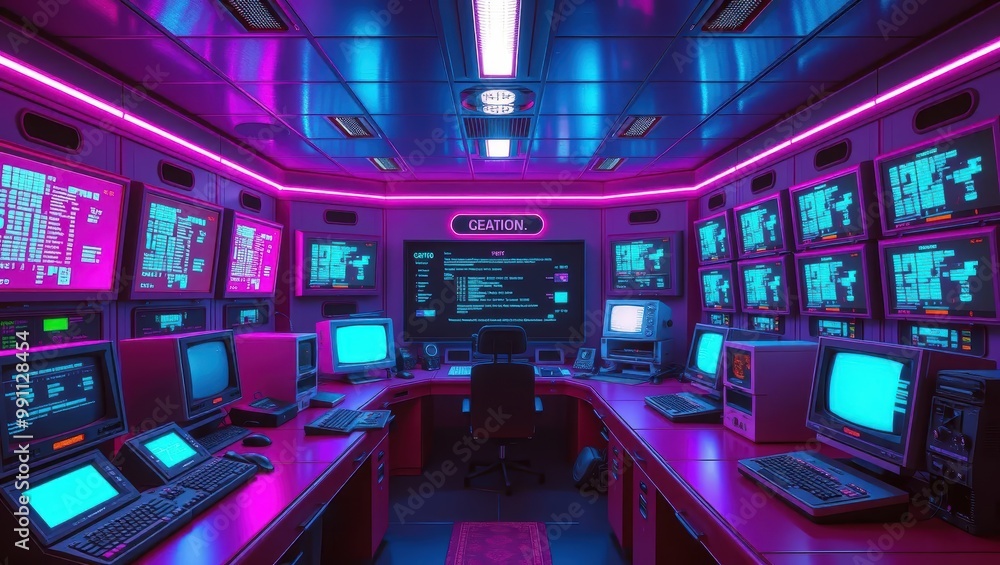 Retro Futuristic Control Room with Neon Lights Retro Futuristic Control Room with Neon Lights