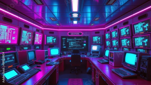 Retro Futuristic Control Room with Neon Lights