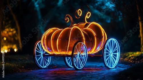 A glowing pumpkin carriage sits on a cobblestone path at night, surrounded by trees. photo