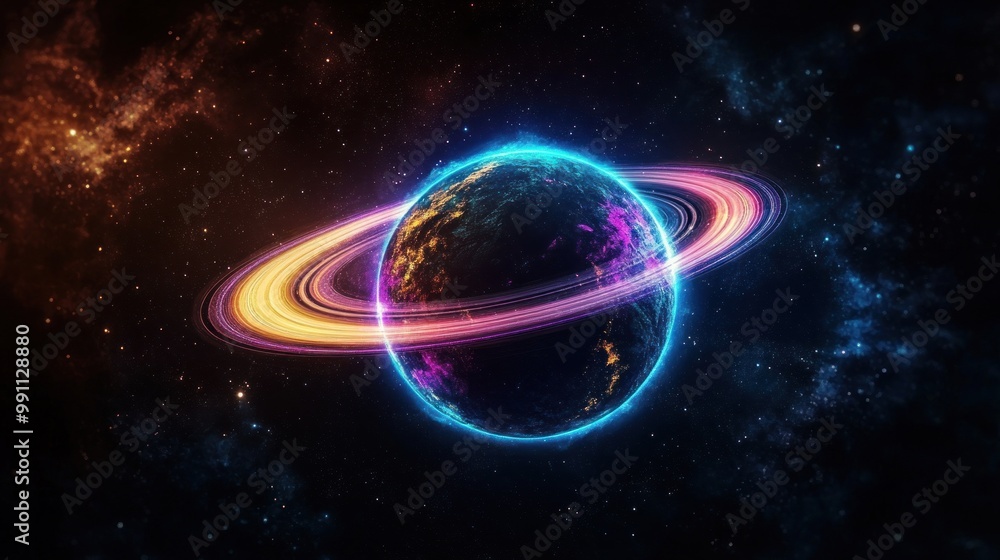 A planet with glowing rings surrounded by stars in a dark space. A planet with glowing rings surrounded by stars in a dark space.