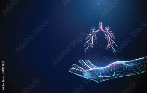 Abstract giving hand with bronchial tree. Healthcare medical concept. Low poly futuristic technology digital neon style. Geometric background.
