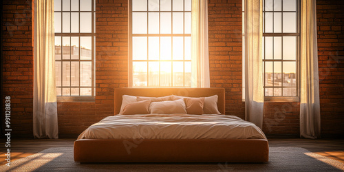 Cozy bedroom with a warm sunset glow illuminating the minimalist design and brick walls in an urban apartment setting