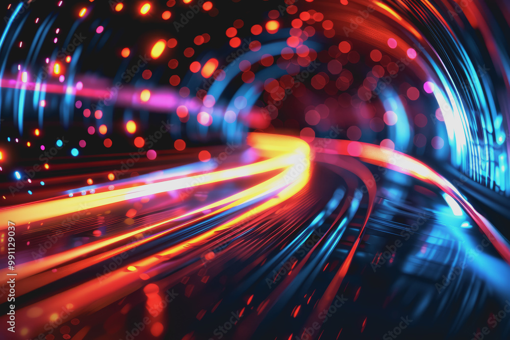 Glossy black surface with glowing red and blue neon lines. represents the data network. Glossy black surface with glowing red and blue neon lines. represents the data network.