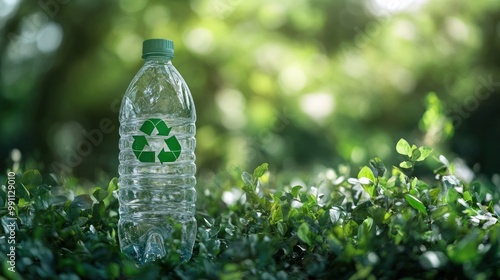 A plastic water bottle with a recycle symbol on it, surrounded by green leaves. photo