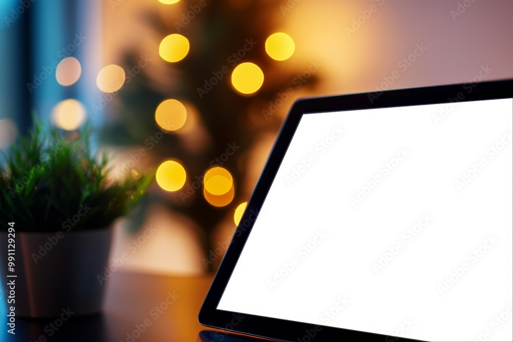 Blank tablet screen with a plant and blurred festive lights in the background. Blank tablet screen with a plant and blurred festive lights in the background.