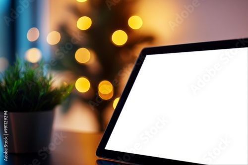 Blank tablet screen with a plant and blurred festive lights in the background.