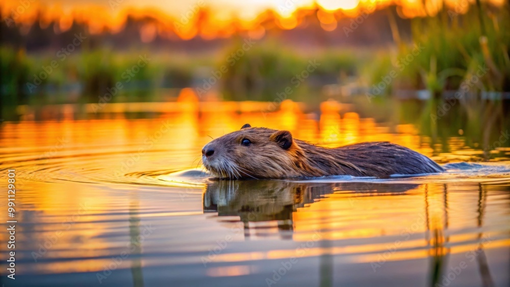 Beaver swimming in wetland at sunset in Crex Meadows Wildlife Area, Beaver, wetland, sunset, sunny, fall, day Beaver swimming in wetland at sunset in Crex Meadows Wildlife Area, Beaver, wetland, sunset, sunny, fall, day