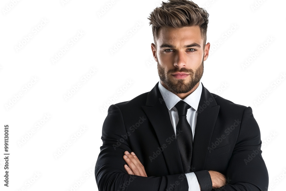 A man in a suit and tie is standing with his arms crossed A man in a suit and tie is standing with his arms crossed