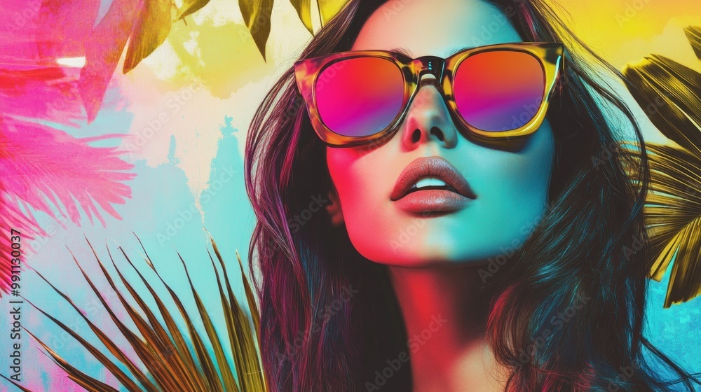 Woman with dark hair and red sunglasses looks up in a colorful background. Woman with dark hair and red sunglasses looks up in a colorful background.