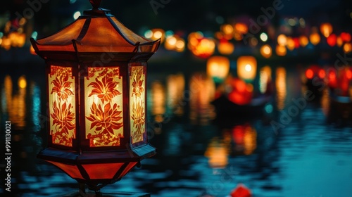 A glowing lantern display floating down a river at night, reflecting bright red and gold colors, symbolizing good fortune.