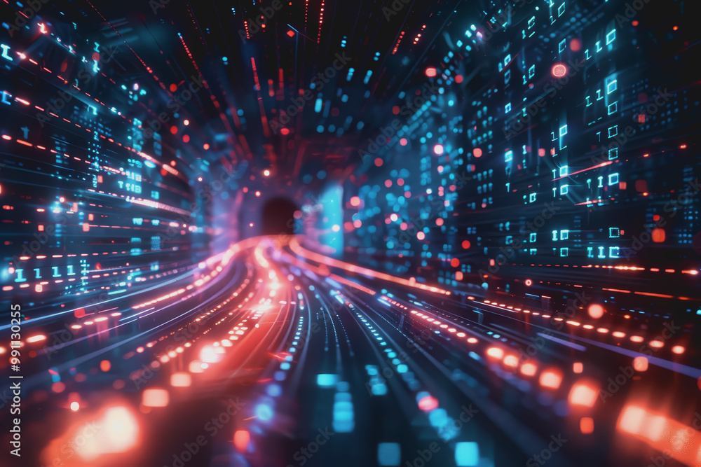 Glossy black surface with glowing red and blue neon lines. represents the data network. Glossy black surface with glowing red and blue neon lines. represents the data network.