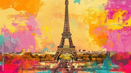 An abstract painting depicting the Eiffel Tower in Paris with a cityscape and trees in the foreground.