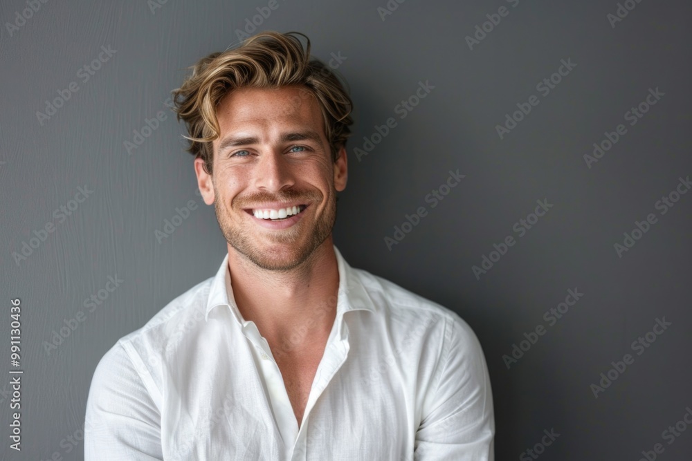 Man In White Shirt. Portrait of Smiling Adult Entrepreneur Against White Wall Man In White Shirt. Portrait of Smiling Adult Entrepreneur Against White Wall