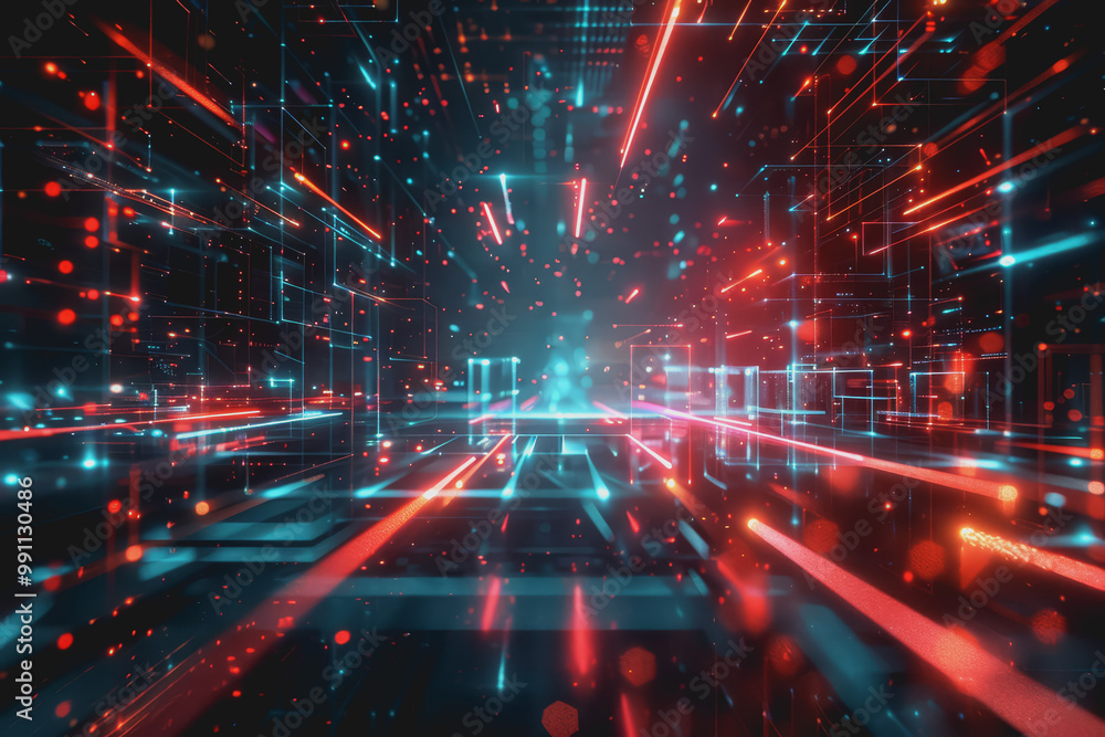 Glossy black surface with glowing red and blue neon lines. represents the data network. Glossy black surface with glowing red and blue neon lines. represents the data network.