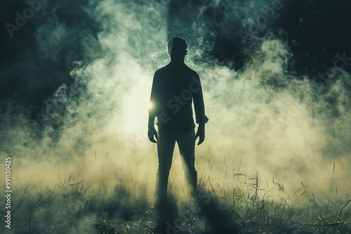 Man In The Dark. Backlight Silhouette of a Man Standing in the Smoke