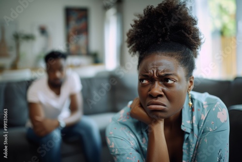 A woman sits on a couch with a frustrated expression, her partner in the background out of focus, creating a tense atmosphere.