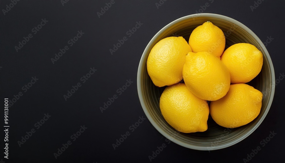 Lemon in a bowl on a black background, top view, copy space Lemon in a bowl on a black background, top view, copy space