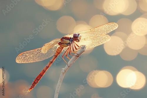 Dragonfly Perched on a Twig with Bokeh Background photo