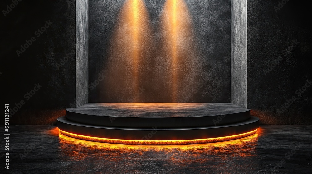 Obraz premium A podium on a road pedestal is spotlighted against a black background.