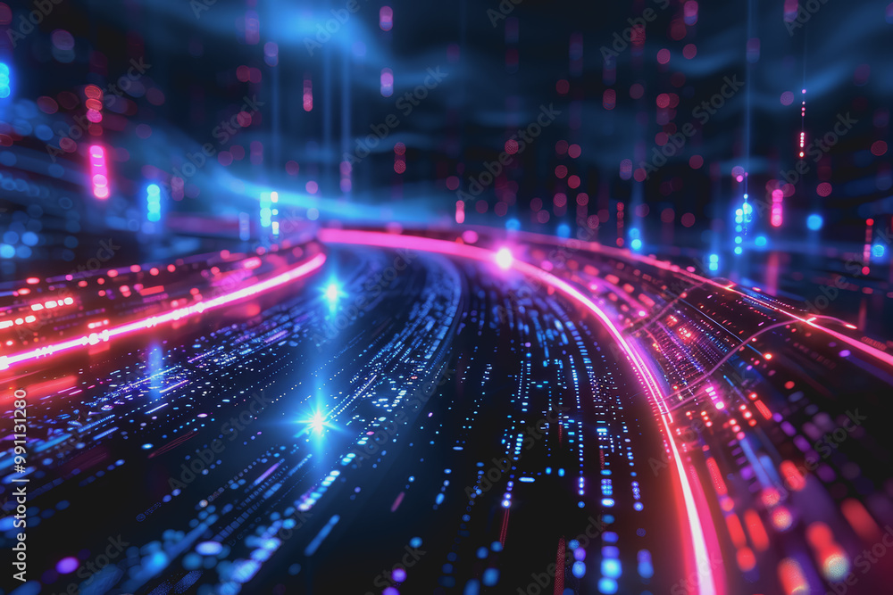 Glossy black surface with glowing red and blue neon lines. represents the data network. Glossy black surface with glowing red and blue neon lines. represents the data network.