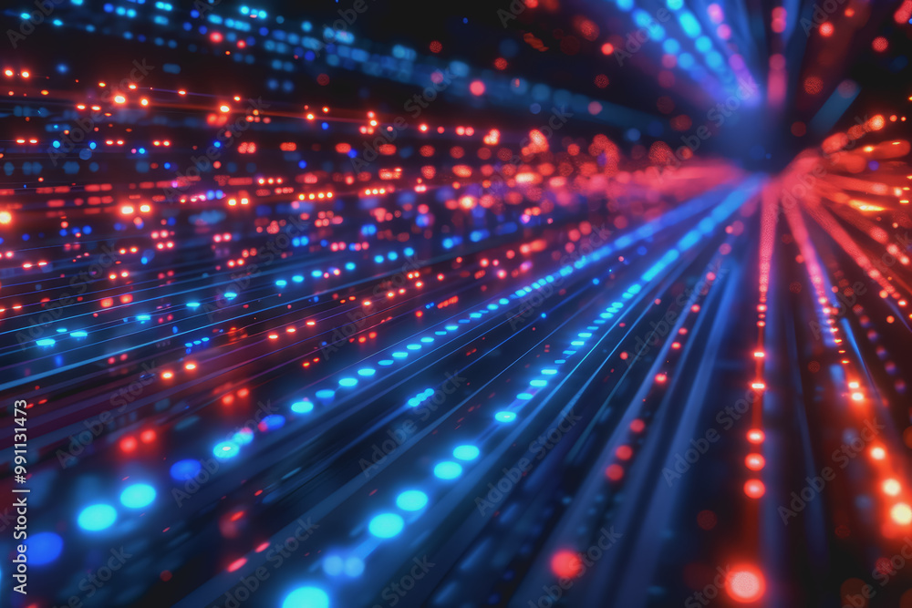 Glossy black surface with glowing red and blue neon lines. represents the data network. Glossy black surface with glowing red and blue neon lines. represents the data network.