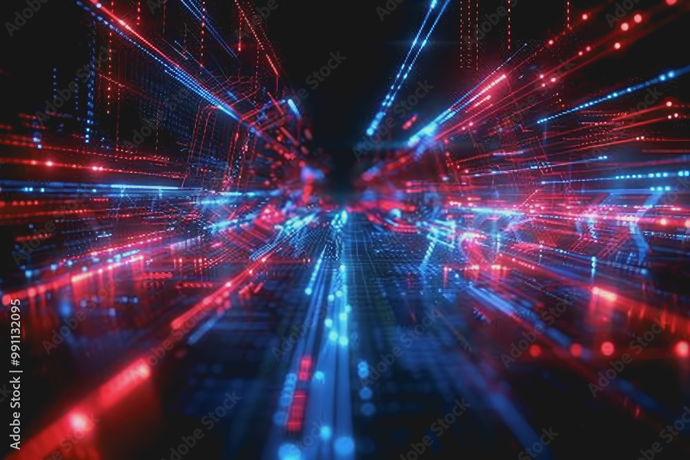 Fototapeta premium Glossy black surface with glowing red and blue neon lines. represents the data network.