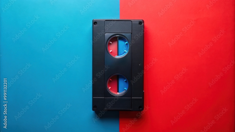 Fototapeta premium Black vintage VHS videotape on red and blue background, retro, VHS, video cassette, analog, magnetic tape, old technology