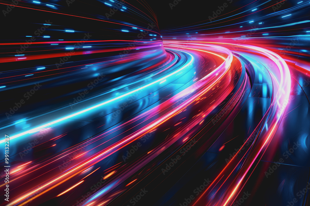 Glossy black surface with glowing red and blue neon lines. represents the data network. Glossy black surface with glowing red and blue neon lines. represents the data network.