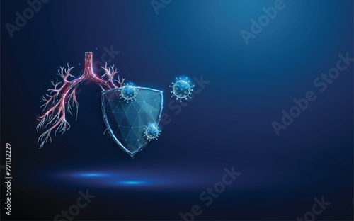 Abstract blue human bronchial tree behind the futuristic guard shield attacked by blue viruses. Lungs protection.