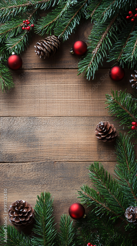 Christmas tree branch decorations framing a wooden table, creating festive and seasonal wallpapers with pine cones, red ornaments, and vibrant greenery. Christmas tree branch decorations framing a wooden table, creating festive and seasonal wallpapers with pine cones, red ornaments, and vibrant greenery.