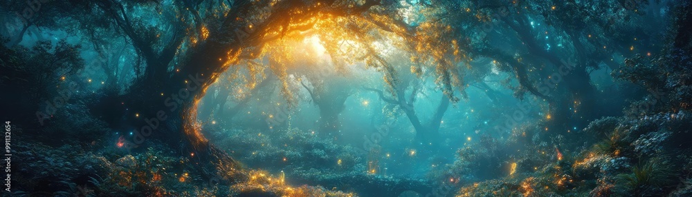 Fototapeta premium Aerial perspective of enchanted forests blending with futuristic labs, scientific marvels intertwined with magical creatures, macro focus on textures