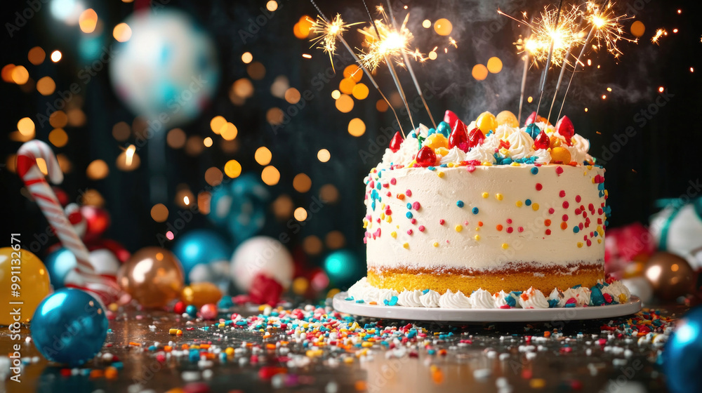 A close-up of a New Year cake with sparklers lit, ready to be served at a holiday party A close-up of a New Year cake with sparklers lit, ready to be served at a holiday party