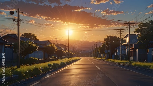 sunset over the city cartoon anime