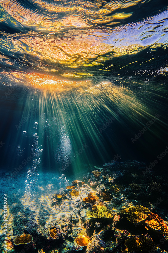 Obraz premium Sunbeams Through the Reef: A vibrant underwater scene where sunlight pierces the surface of the ocean, illuminating a coral reef below. The water is crystal clear.