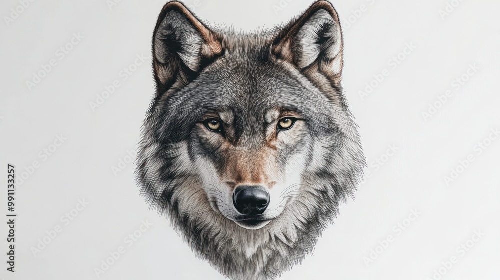 Obraz premium A close-up portrait of a wolf with detailed fur, sharp eyes, and a black nose.