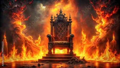 Demonic throne in hell surrounded by fire and brimstone, creating an ominous setting, demon, throne, hell, fire, brimstone photo