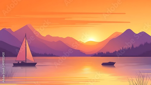 Wallpaper Mural A sailboat floats on a serene lake with mountains in the distance at sunset. Torontodigital.ca