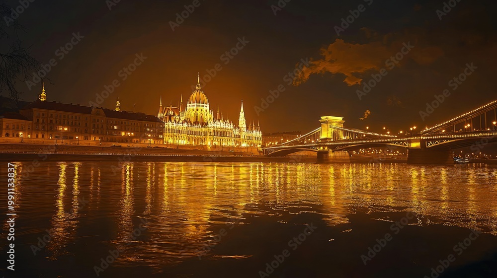 Fototapeta premium Nighttime in Budapest, with the Chain Bridge and Parliament illuminated, casting golden reflections across the Danube River.