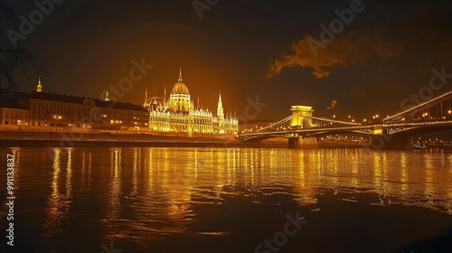 Nighttime in Budapest, with the Chain Bridge and Parliament illuminated, casting golden reflections across the Danube River.