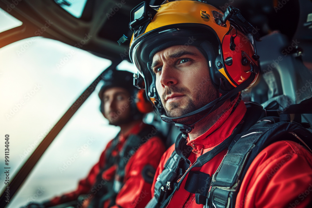 Two helicopter rescue pilots in full gear in cockpit. Emergency team preparing to search operation Two helicopter rescue pilots in full gear in cockpit. Emergency team preparing to search operation