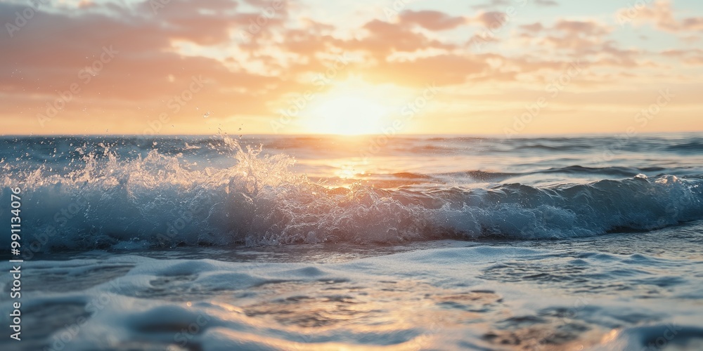 Waves crash onto the beach under the golden sunset sky, creating a serene and picturesque view of the ocean at dusk. Waves crash onto the beach under the golden sunset sky, creating a serene and picturesque view of the ocean at dusk.