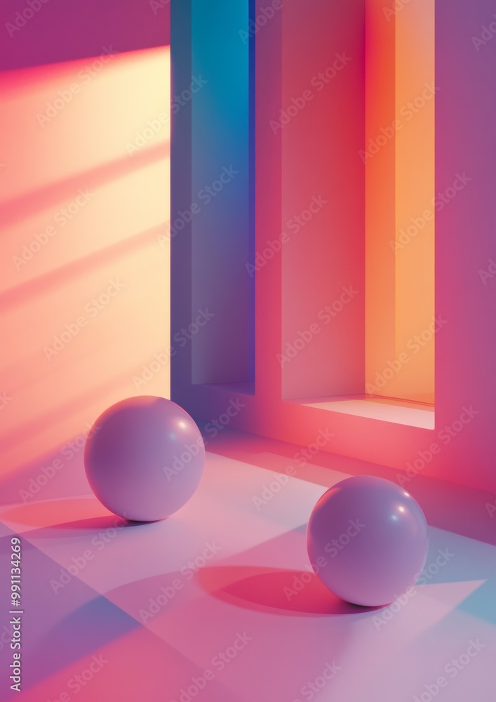 Two white spheres are placed in a room with a colorful background Two white spheres are placed in a room with a colorful background