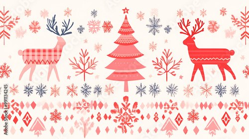 Nordic-inspired Christmas background with simple, clean lines and traditional patterns in red and white